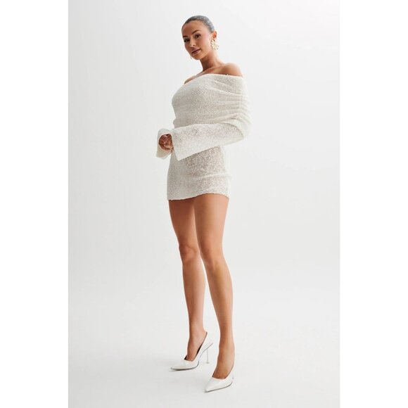 Meshki Marisol Off Shoulder Boucle Mini Dress in Ivory - Picture 2 of 5